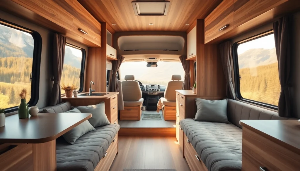 Experience the cozy interior of a perfect campervan with stunning views through large windows.