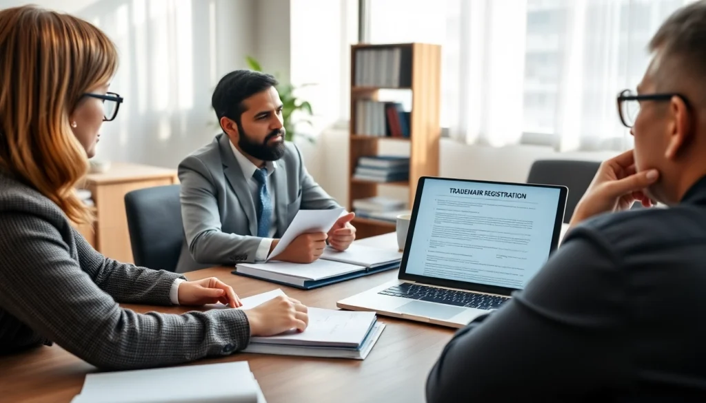 Professional scene on trademark registration in India and US showing a legal consultation with clients.