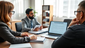 Professional scene on trademark registration in India and US showing a legal consultation with clients.