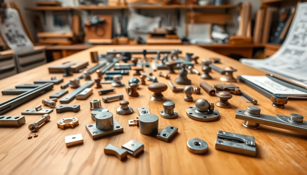 Showcase furniture hardware manufacturers with elegant drawer slides and knobs on a wooden workbench.