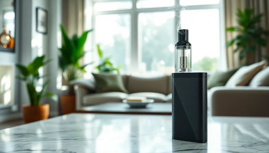 Engaging zero nicotine disposable vape presented in a modern living room setting, inviting relaxation.
