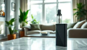 Engaging zero nicotine disposable vape presented in a modern living room setting, inviting relaxation.