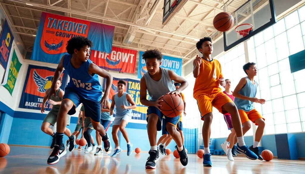 Young athletes training at Takeover Basketball Academy, showcasing energy and teamwork.