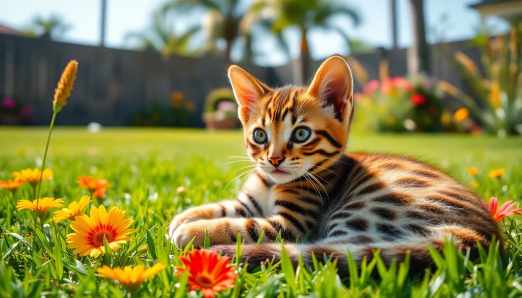 Engage with Bengal Breeders Orange County through this playful Bengal kitten in a sunny garden setting.