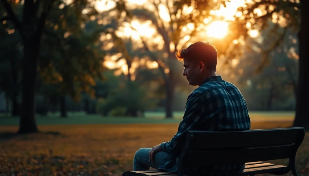 Individual reflecting on dealing with grief in a serene park setting at sunset.