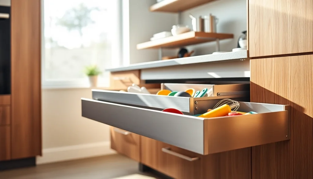 Showcasing a modern metal drawer system featuring smooth functionality and sleek design for kitchen organization.