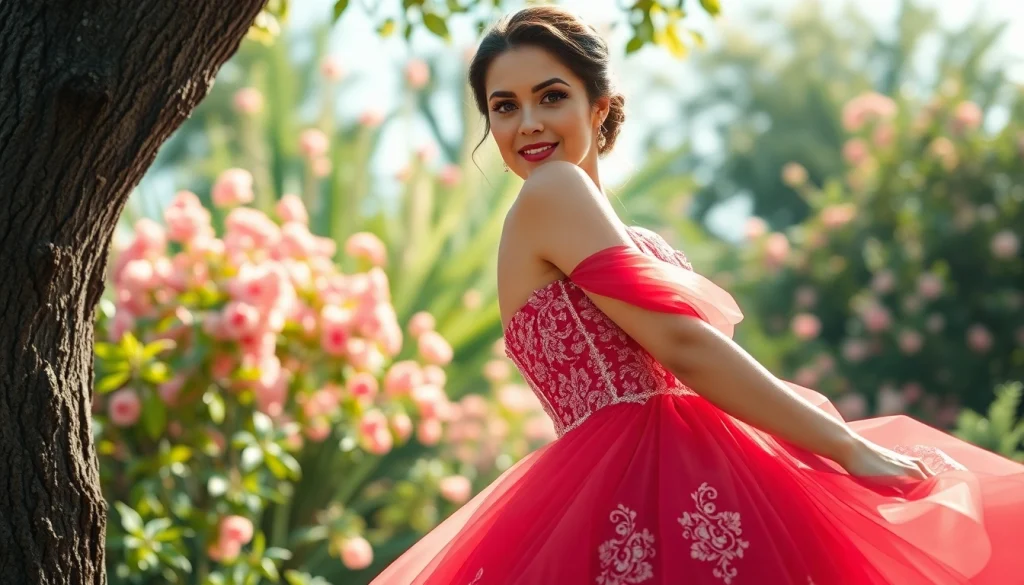 Bridal look featuring exquisite coloured wedding dresses in a beautiful garden backdrop.