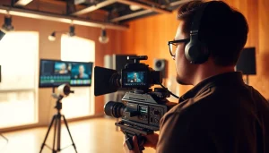 Capturing the essence of 영상제작 in a vibrant film studio setting with a creative filmmaker at work.