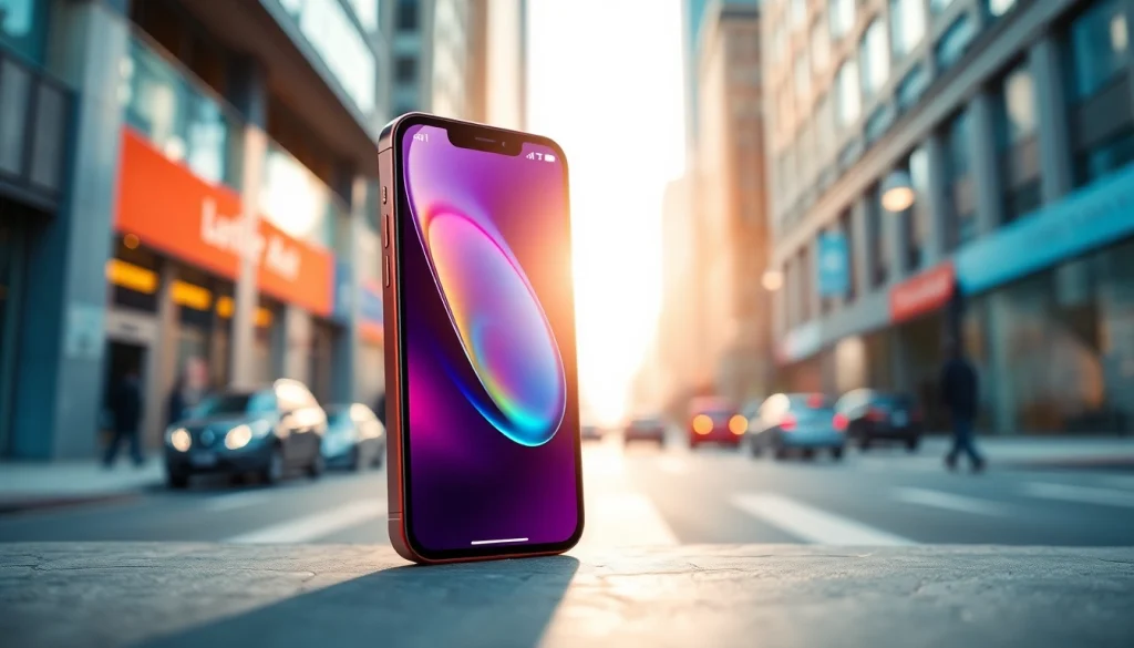 Buy iPhone Pro displayed with a modern city backdrop, showcasing its sleek design and vibrant features.