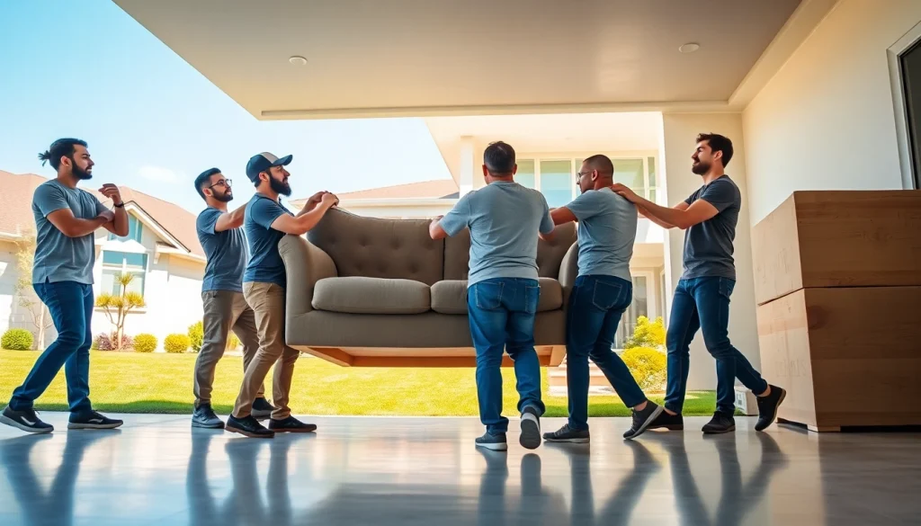 House moves in action as a professional team lifts a sofa during a residential move.