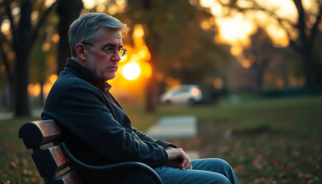 A person reflecting on dealing with grief while sitting on a park bench surrounded by autumn leaves.