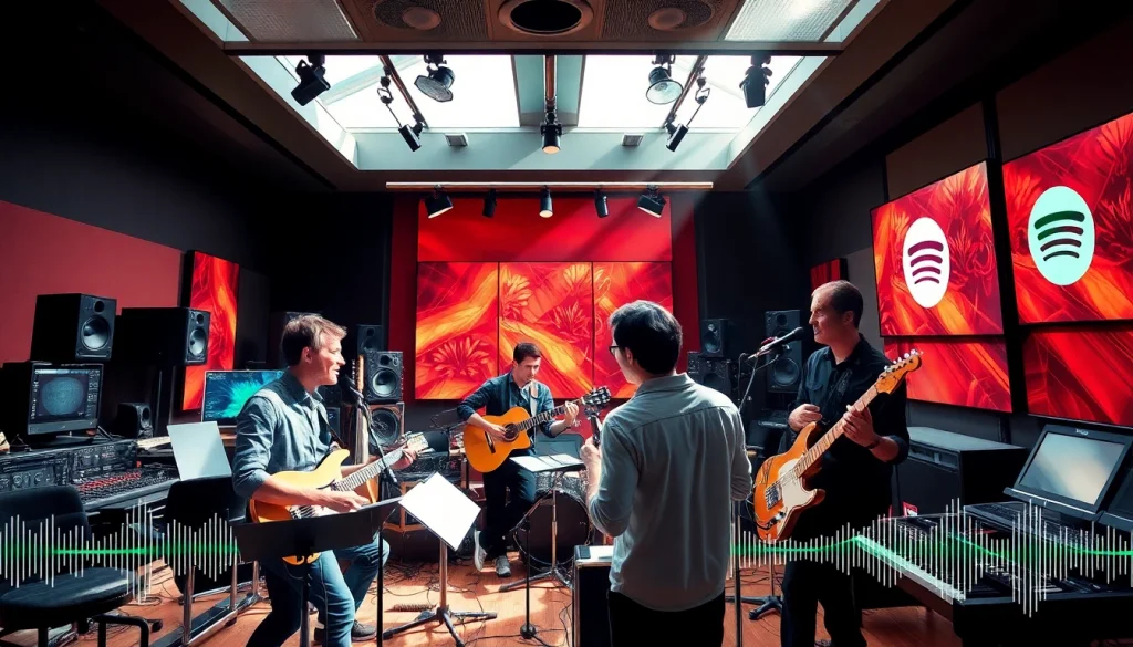 Engaging scene of spotify promotion in a recording studio with artists collaborating on music.