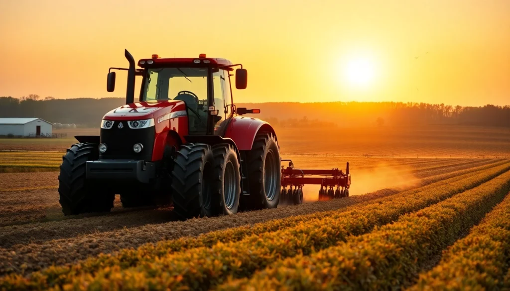 Case-ih Traktor bei der Arbeit auf einem Bauernfeld in der Abenddämmerung.