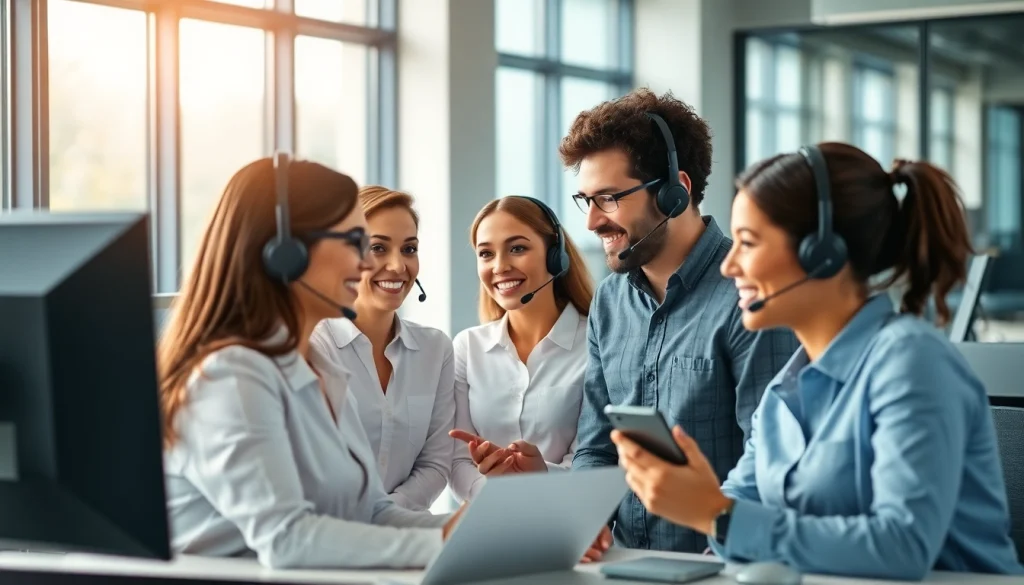 Engaged customer service team showcasing the benefits of Customer service Outscoring in a collaborative environment.