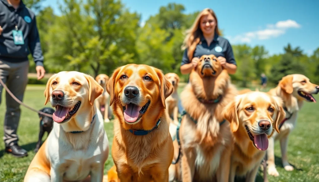 Engaged service dogs for sale training outdoors with their trainers in a vibrant park setting.