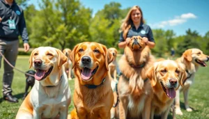 Engaged service dogs for sale training outdoors with their trainers in a vibrant park setting.