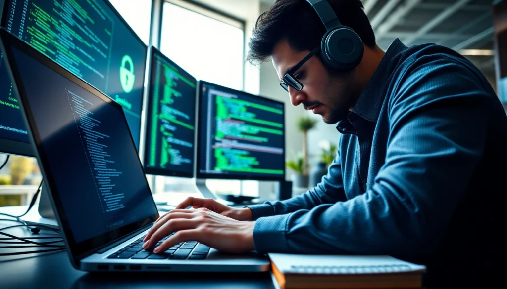 Ethical Hacking, ein ethischer Hacker arbeitet intensiv an einem Computer in einem modernen Büro.