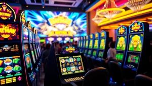 Menampilkan judi slot online batman138 dengan mesin slot warna-warni dan suasana kasino yang hidup.