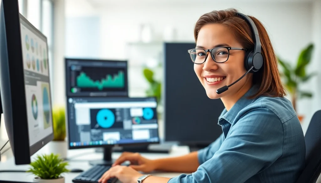 Engaging helpdesk support scene with an IT technician assisting a customer in a bright office setting.
