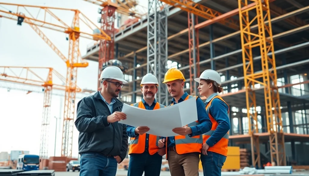 Austin construction workers engaged in a busy site, showcasing teamwork and modern architecture.