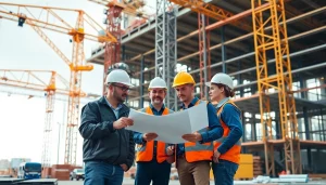 Austin construction workers engaged in a busy site, showcasing teamwork and modern architecture.