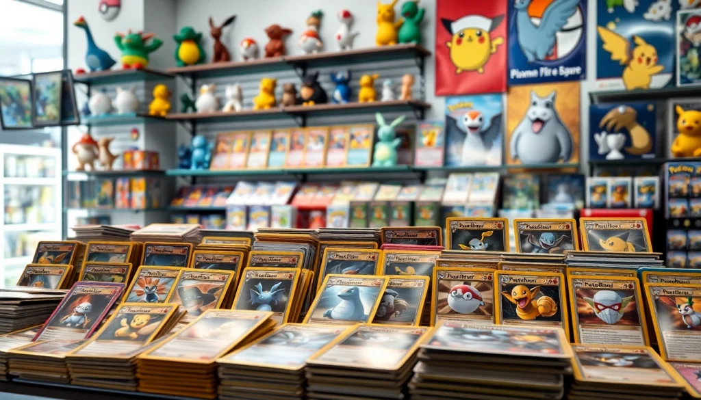 A vibrant display of real pokemon cards showcasing various rare types in a charming game store.