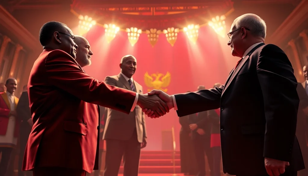 Demonstrating soutien de l’Afrique à la Russie, African and Russian leaders unite in a hopeful handshake.