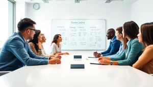 Engaged professionals discussing strategies with a business coaching service in a modern office.