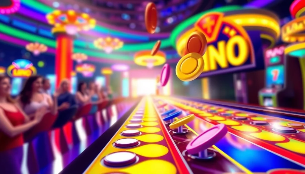 Permainan plinko yang menarik dengan chip yang jatuh dan suasana kasino yang meriah.