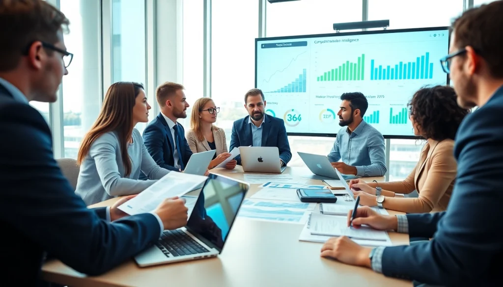 Analyze competitive intelligence strategies in a professional business meeting setting with diverse participants.