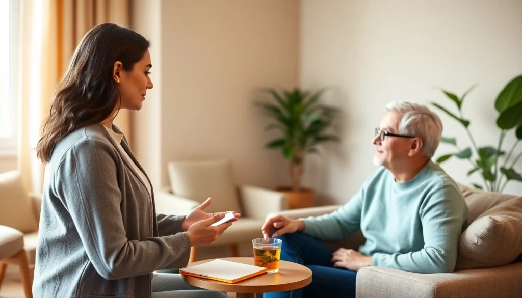 Engaging relationship coach providing guidance to clients in a serene office setting.