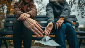 Couple illustrate the emotional distance of a relationship breakup in a park setting.