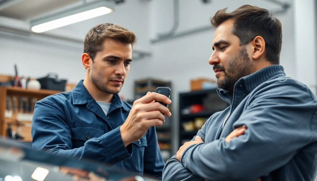 Locksmith helps customer find lost car keys in a clean garage setting, conveying professionalism.