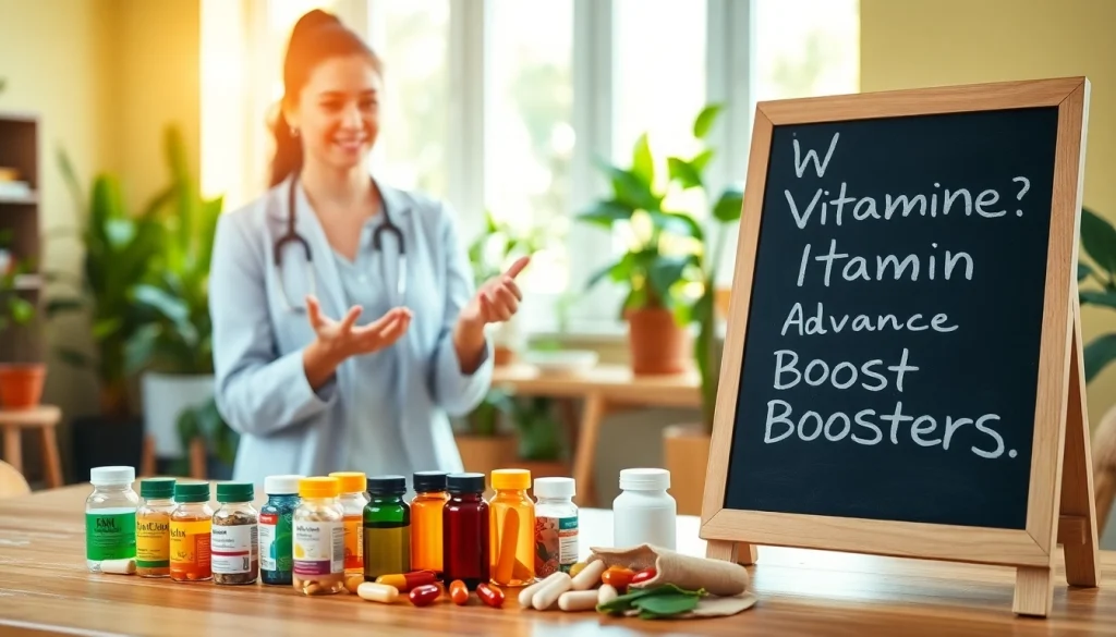 Nutritionist showcasing Vitamin Boosters in a vibrant wellness studio, emphasizing health.