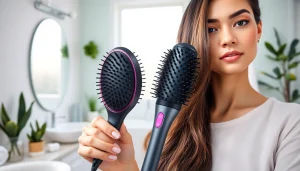 Woman using a Hair Dryer Brush 7 in 1 showcasing versatility and ease of styling.