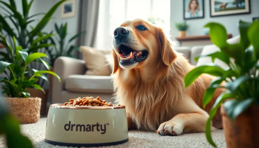 dog happily eating dr marty pet food canada in a cozy home setting
