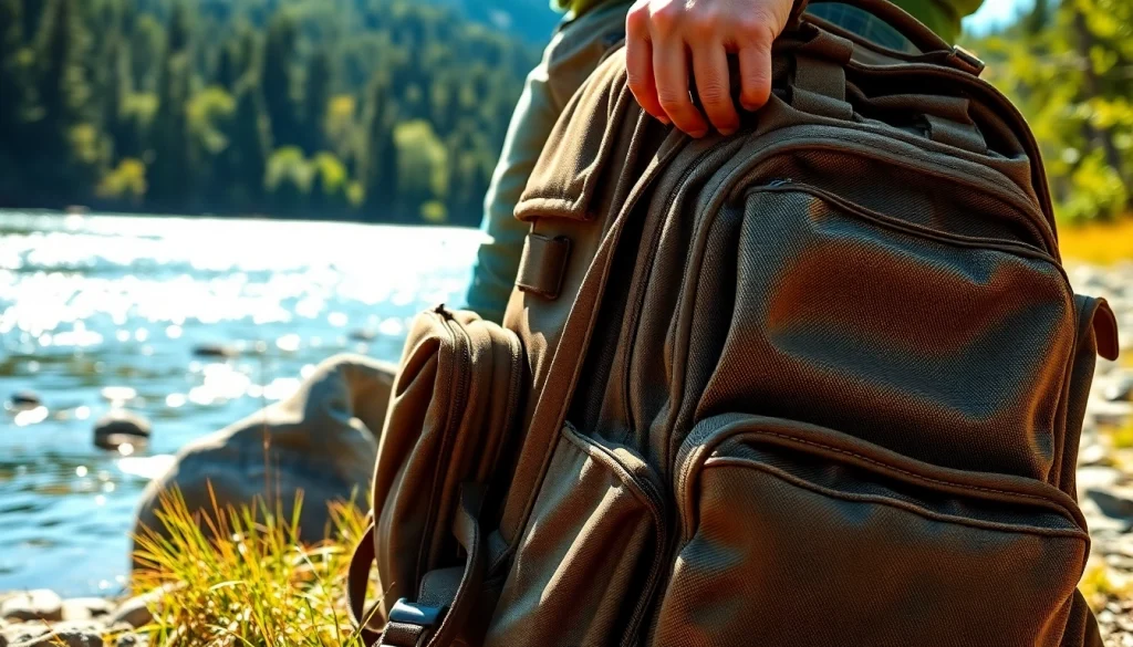 Discover the reliable features of a fly fishing backpack positioned on a serene riverbank.