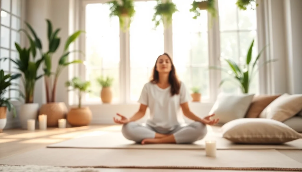 Engaging in mindfulness meditation for relaxation in a peaceful indoor environment.