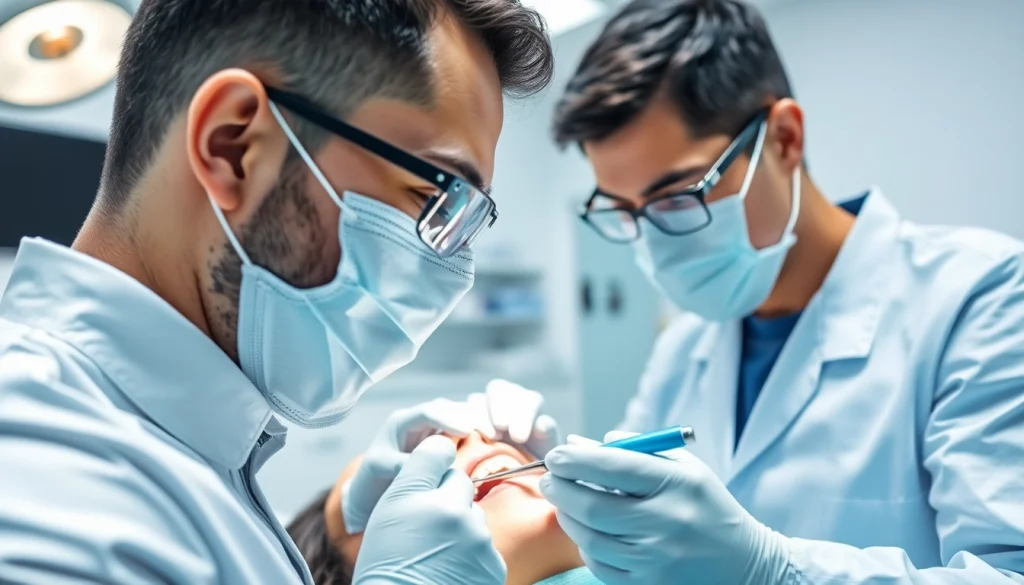 Implementing fillings and restorative work by a dentist in a modern clinic environment.