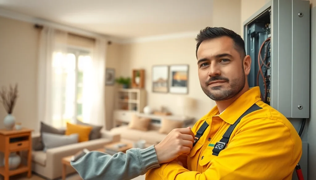 Technician provides Electrical Service inspection in a cozy home environment.