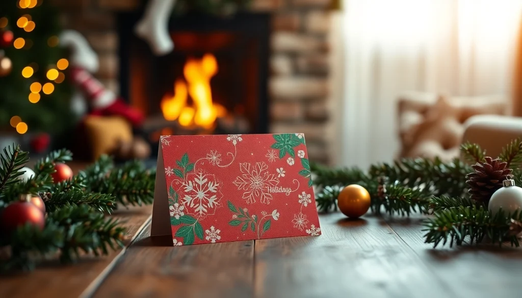 Send next day Xmas cards beautifully designed with festive decorations and warm lighting.