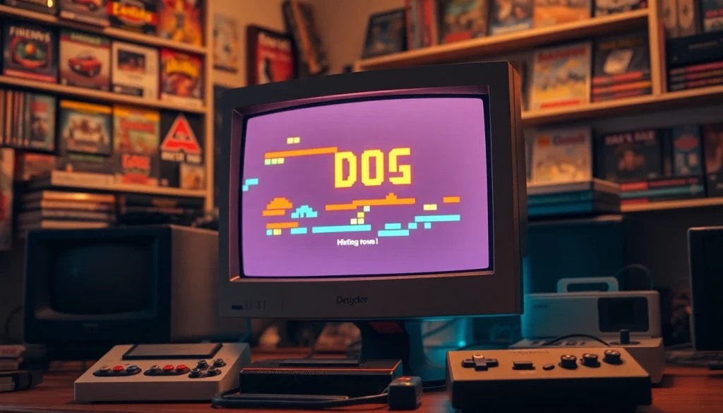 Engaging scene of a retro gaming setup highlighting dos games download on a classic CRT monitor.