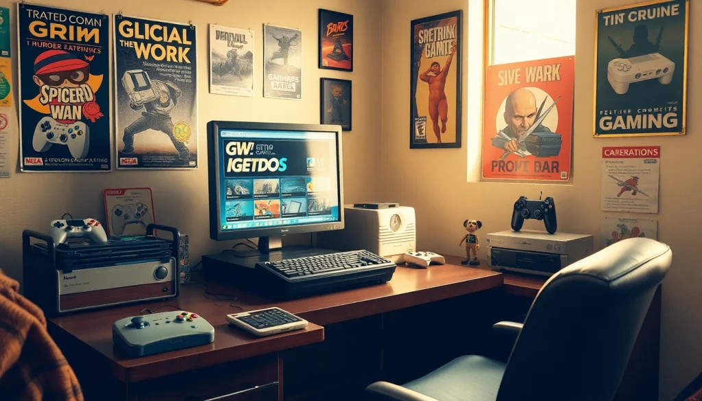 Download DOS games, featuring a vintage gaming setup with classic elements.