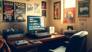 Download DOS games, featuring a vintage gaming setup with classic elements.