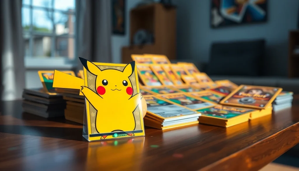Showcasing real Pokémon cards featuring Pikachu and colorful designs on display
