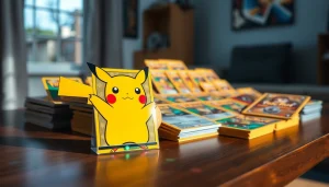 Showcasing real Pokémon cards featuring Pikachu and colorful designs on display