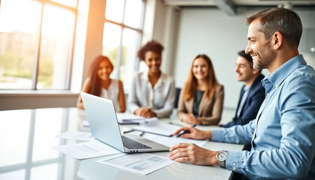 Engaged Tax Credit Broker collaborating with clients in a bright office.