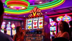 Mainkan game slot yang berwarna-warni di mesin slot dengan suasana kasino yang meriah.