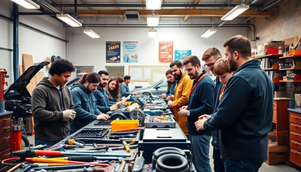 Students practicing various trades in a trade school in Tennessee, showcasing teamwork and hands-on learning.