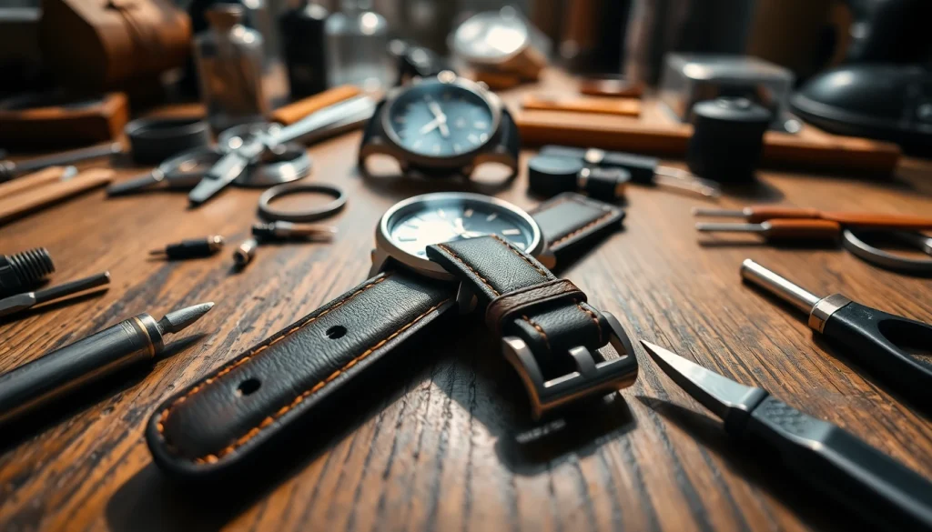 Examine an exquisite 22mm watch strap displayed stylishly with quality materials and tools in view.